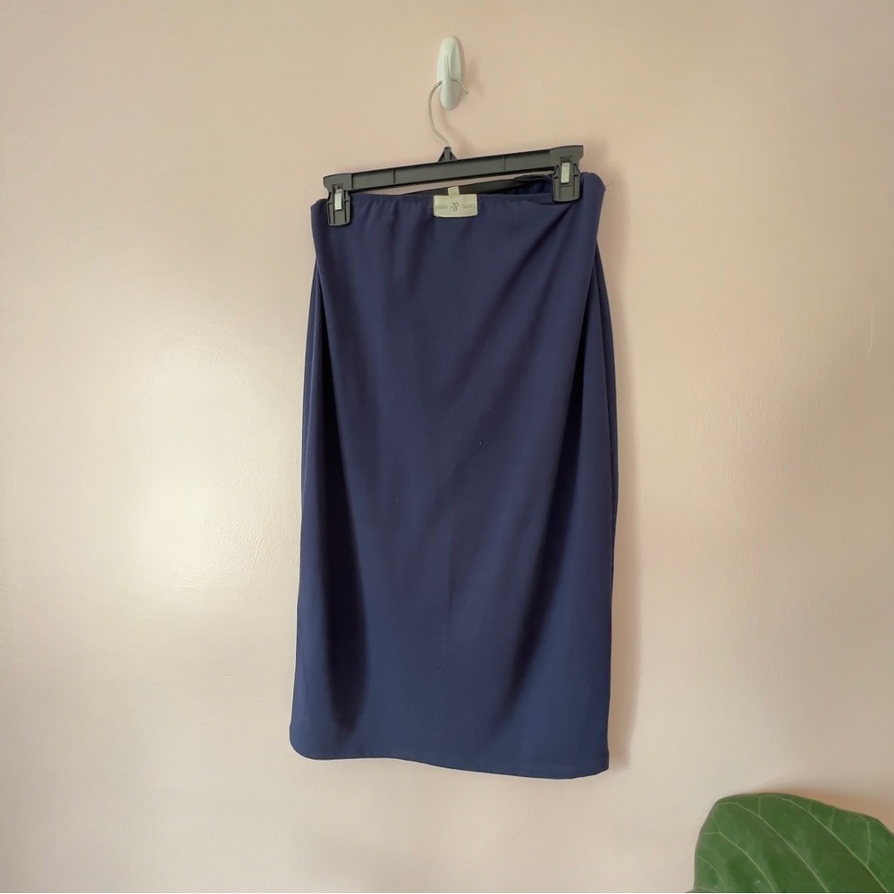Thyme & Honey Navy Woven Cotton Blend Pencil Midi Skirt Elastic Waist - Picture 12 of 13